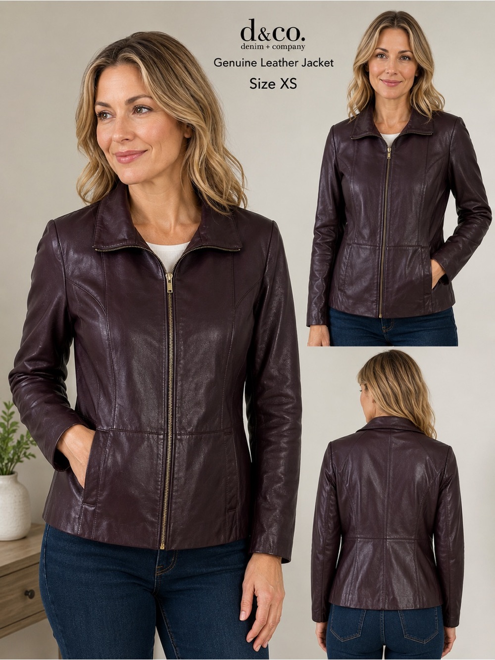 Denim & Co. Real Leather Jacket  – Burgundy – XS